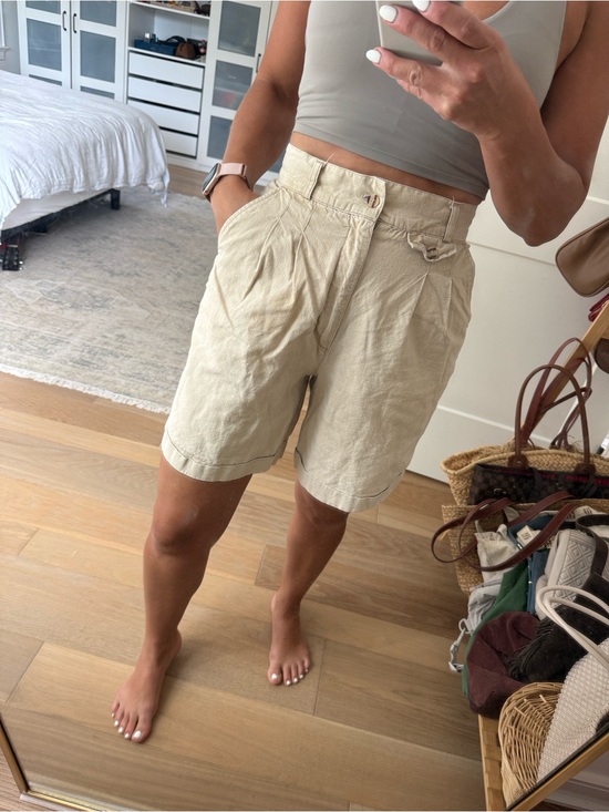 Pants - Beige Woman’s butter mom 90s high waist Pleated kahki Bermuda long Shorts